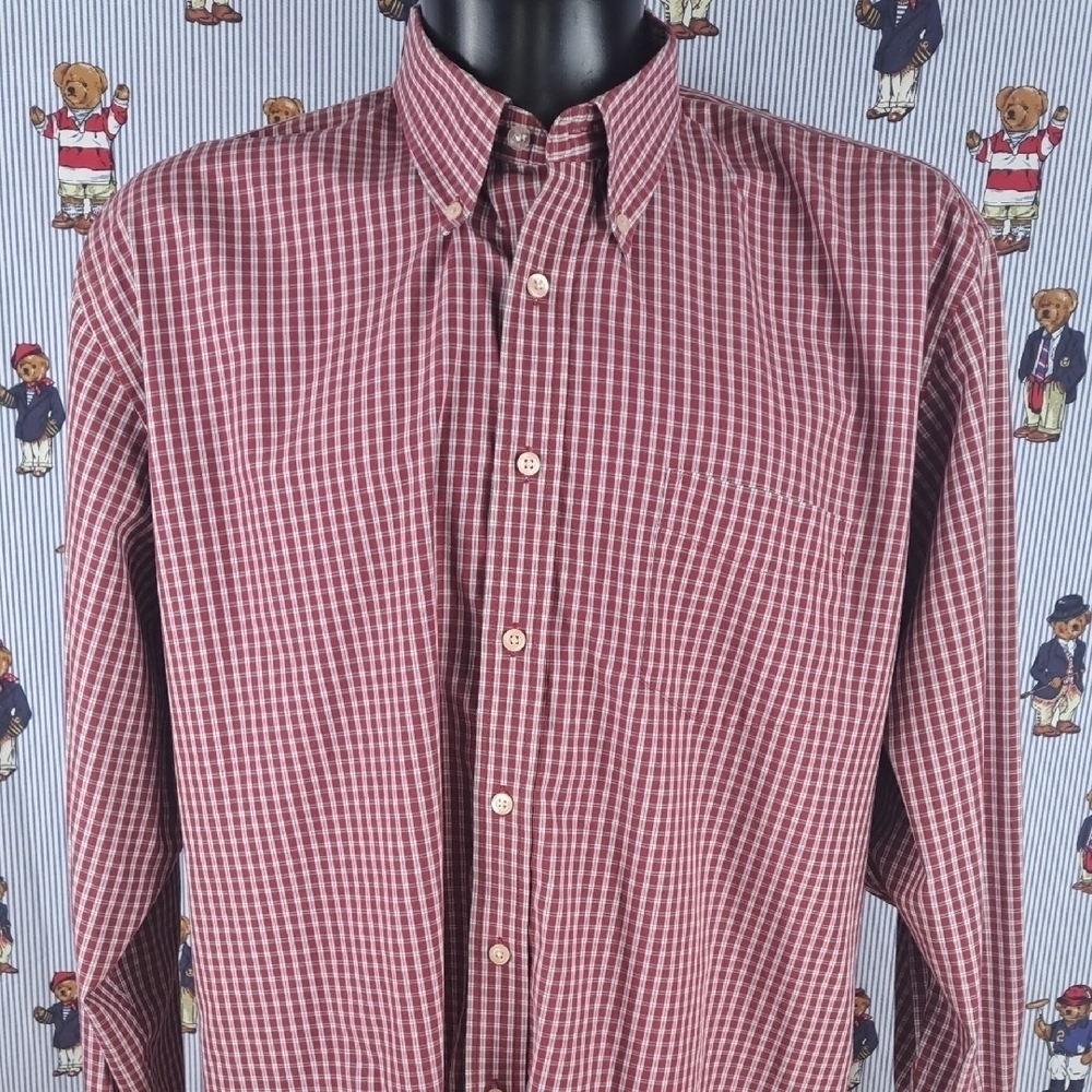 Dockers no wrinkle burgundy & white plaid casual 2XL long sleeve button up shirt